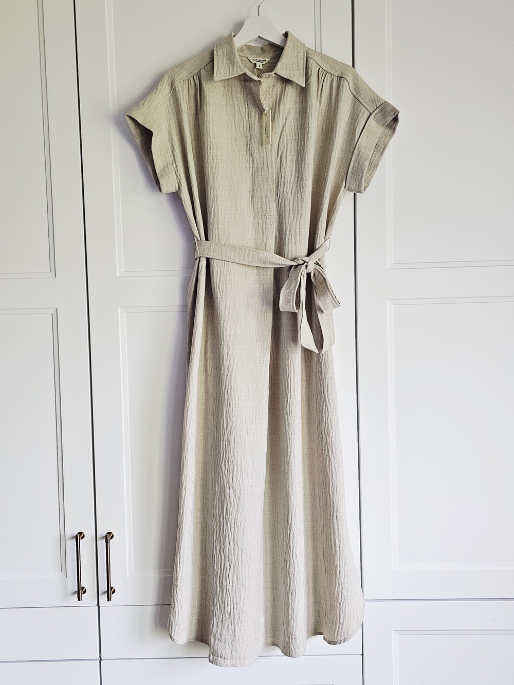 Max Studio London Beige Cream Taupe Maxi Belted Tie Shirt Dress NWT $168